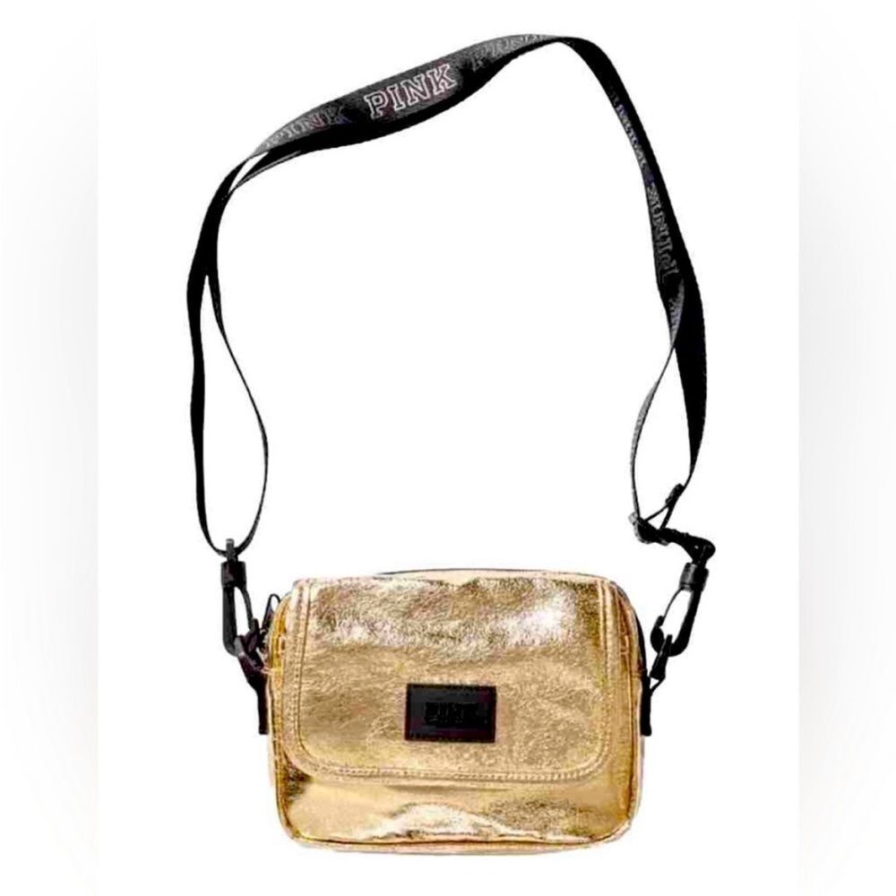 VICTORIAS SECRET PINK LOGO CROSSBODY BELT BAG FANNY PACK PURSE TOTE BAG GOLD NWT